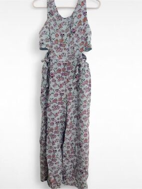 Girls Floral Cutout Pants Jumpsuit - Pink Floral on Light Blue